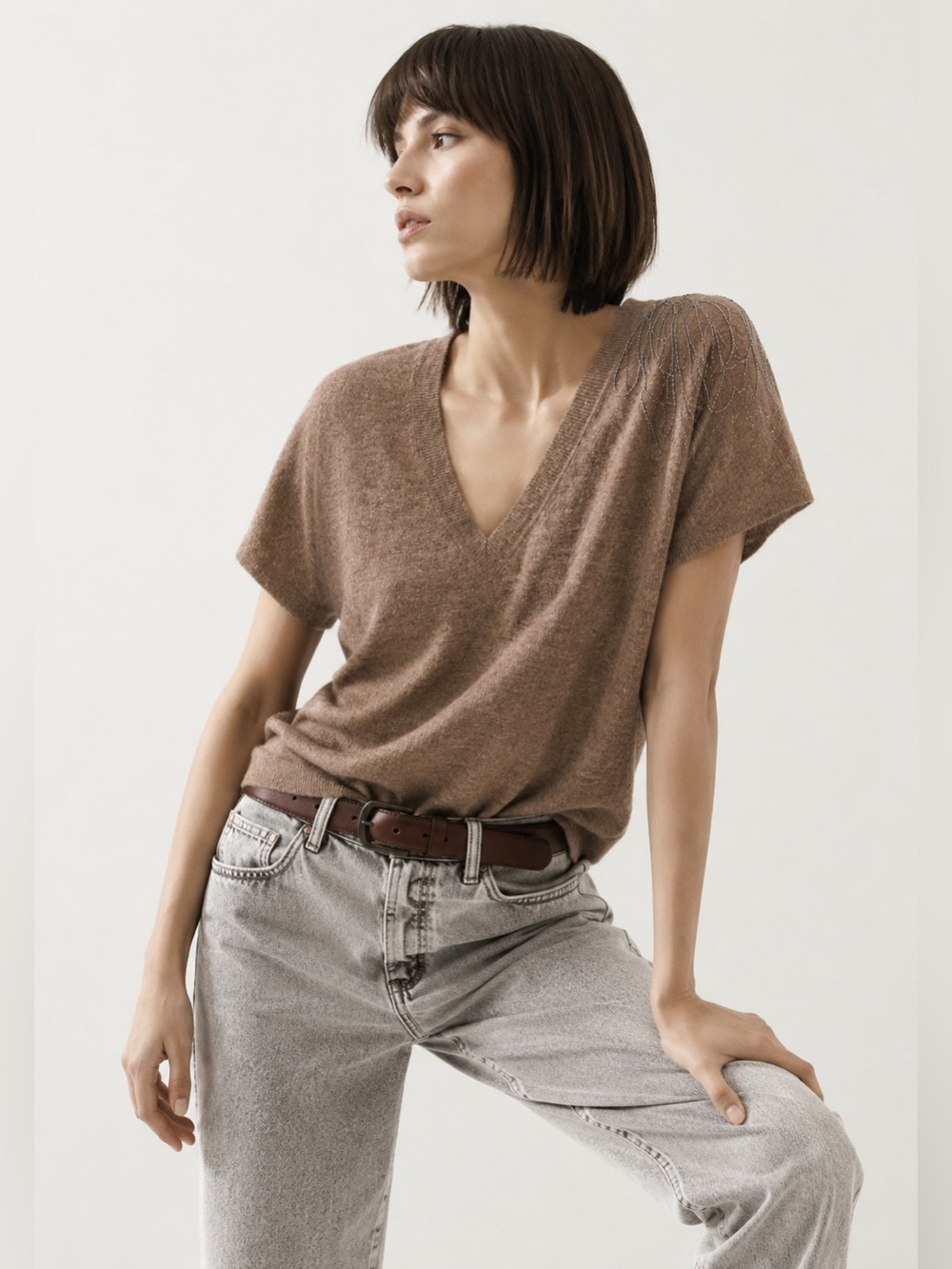 Brunello Cucinelli Brown V-Neck Short Sleeve Knit Top